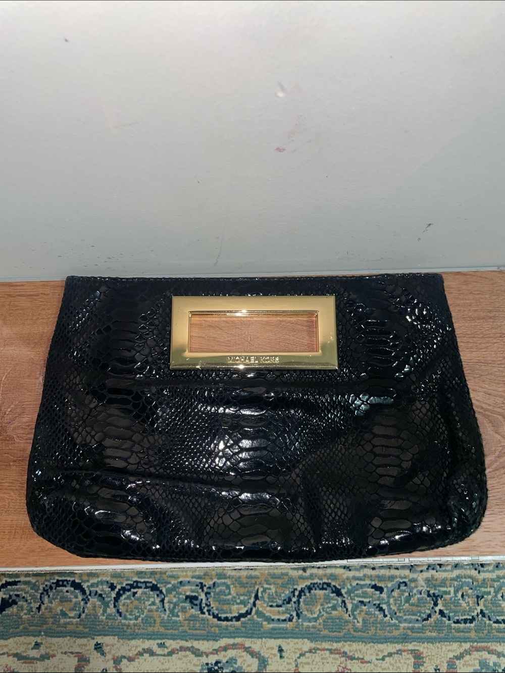 Michael Kors Black Snake-Embossed Clutch with Gold Plate